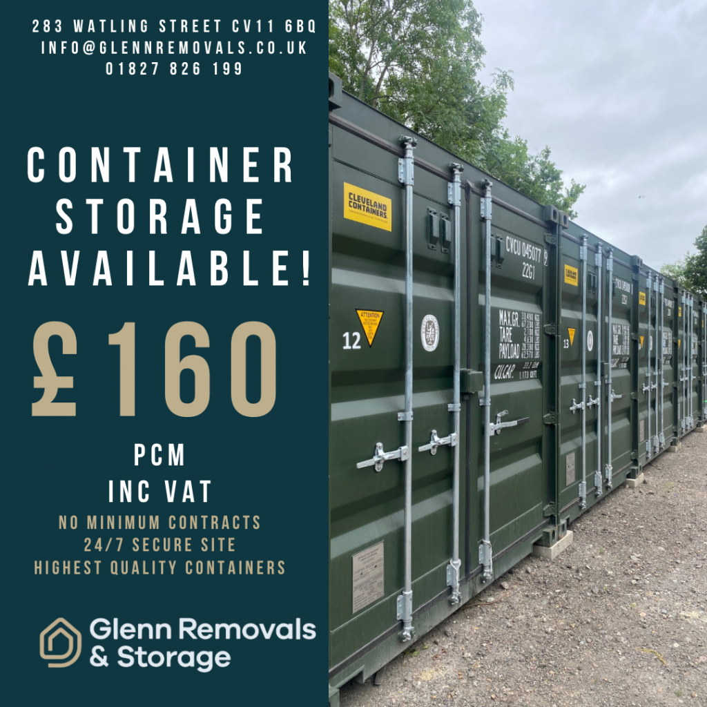 20ft shipping container storage Nuneaton price poster showing weekly rate and container image