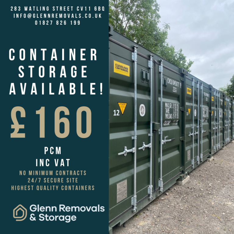 20ft shipping container storage Nuneaton price poster showing weekly rate and container image